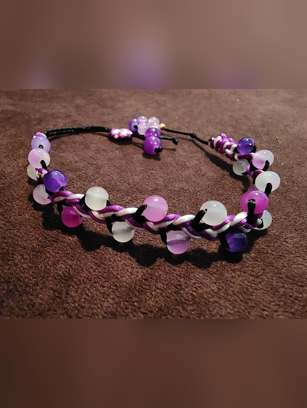 4 For $10.  Handmade Braided Glass Beaded Bracelet - Purple & White